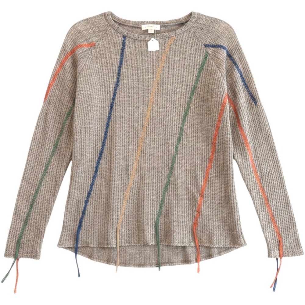 Promesa Knit Top Brown Zigzag Embroidered Tassel Hem Boho Women Medium